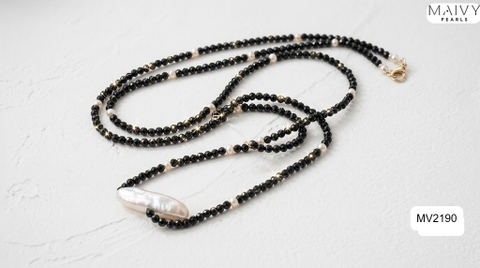 MV2190 - Dây Chuyền Đá Spinel Đen Size Nhí Dài 100cm Nhấn Trai Trắng