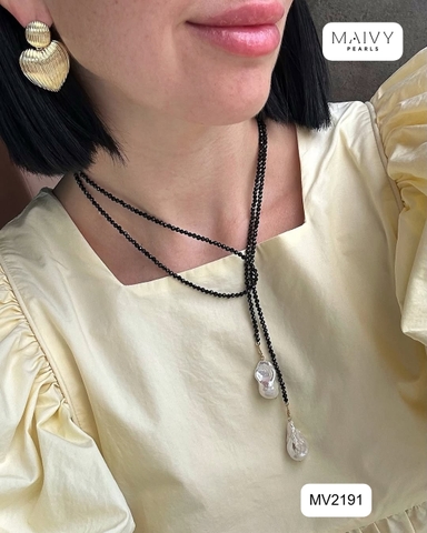 MV2191 - Dây Chuyền Đá Spinel Đen Size Nhí Hở 2 Đầu Dài 180cm Nhấn Trai Baroque Trắng