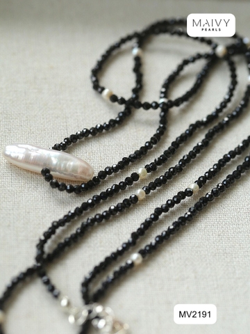 MV2191 - Dây Chuyền Đá Spinel Đen Size Nhí Hở 2 Đầu Dài 180cm Nhấn Trai Baroque Trắng