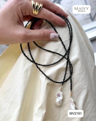 MV2191 - Dây Chuyền Đá Spinel Đen Size Nhí Hở 2 Đầu Dài 180cm Nhấn Trai Baroque Trắng