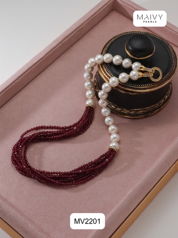 MV2201 - Set Ngọc Trai Trắng Mix Đá Thạch Lựu Gồm Dây Chuyền/Lắc Tay/Bông Tai