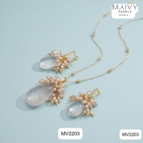 MV2203 - Set Trai Gạo Mix Đá Thạch Anh Hồng Gồm Dây Chuyền / Lắc Tay