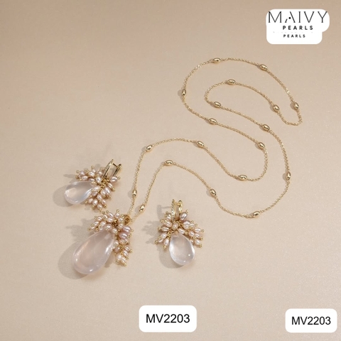 MV2203 - Set Trai Gạo Mix Đá Thạch Anh Hồng Gồm Dây Chuyền / Lắc Tay