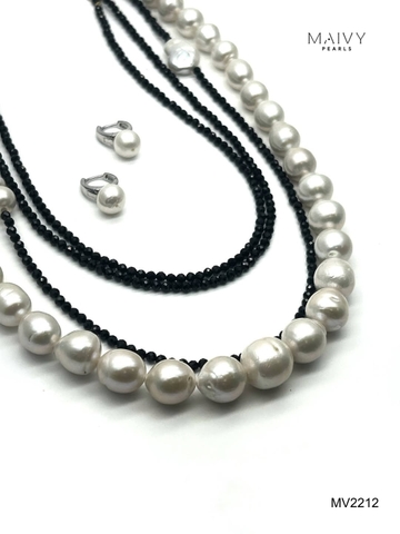 MV2212 -Set Chuỗi Đá Spinel Đen Mix Ngọc Trai Trắng Dáng Dài Và Bông Tai Ngọc Trai