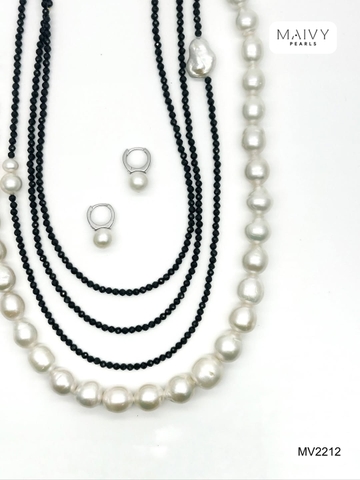 MV2212 -Set Chuỗi Đá Spinel Đen Mix Ngọc Trai Trắng Dáng Dài Và Bông Tai Ngọc Trai
