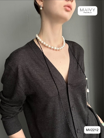MV2212 -Set Chuỗi Đá Spinel Đen Mix Ngọc Trai Trắng Dáng Dài Và Bông Tai Ngọc Trai