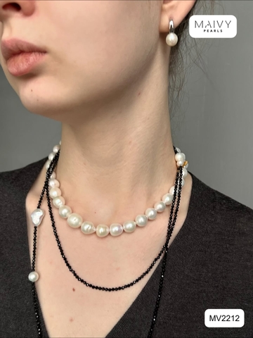 MV2212 -Set Chuỗi Đá Spinel Đen Mix Ngọc Trai Trắng Dáng Dài Và Bông Tai Ngọc Trai