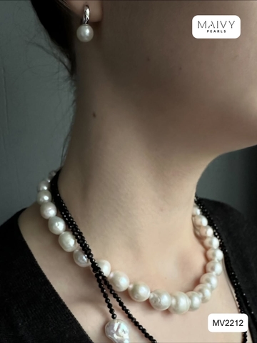 MV2212 -Set Chuỗi Đá Spinel Đen Mix Ngọc Trai Trắng Dáng Dài Và Bông Tai Ngọc Trai