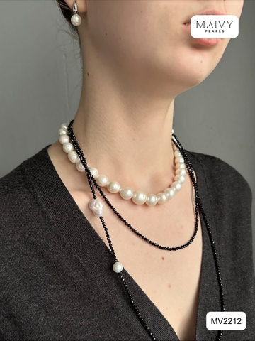 MV2212 -Set Chuỗi Đá Spinel Đen Mix Ngọc Trai Trắng Dáng Dài Và Bông Tai Ngọc Trai