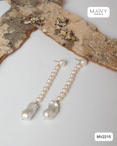 MV2215 - Bông Tai Ngọc Trai Tròn Mix Trai Baroque Màu Trắng Dáng Dài