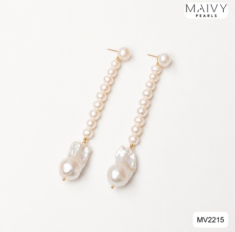 MV2215 - Bông Tai Ngọc Trai Tròn Mix Trai Baroque Màu Trắng Dáng Dài