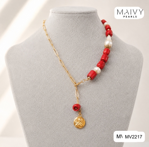MV2217 - Dây Chuyền San Hô Đỏ Dáng Lu Mix Ngọc Trai Baroque Trắng.