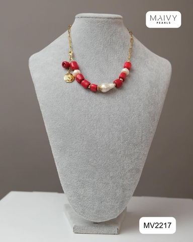 MV2217 - Dây Chuyền San Hô Đỏ Dáng Lu Mix Ngọc Trai Baroque Trắng
