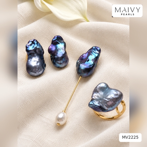 Set bông tai, nhẫn, cài áo ngọc trai baroque đen ánh tím xanh Lunéa MV2225