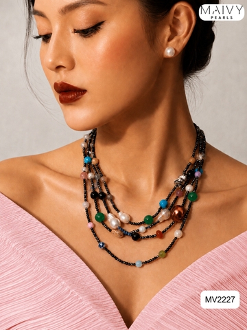 MV2227- Set dây chuyền mix nhiều sợi đá đa sắc và nụ 9li  Ocean Glow