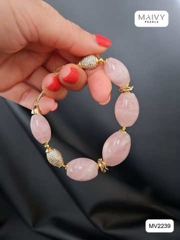 MV2239 - Lắc Tay Thạch Anh Hồng Khối Mix Charm Bạc 925 Mạ Vàng 18K