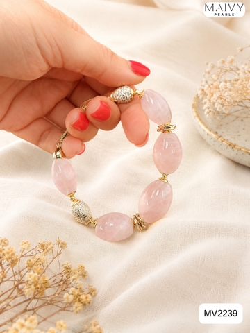 MV2239 - Lắc Tay Thạch Anh Hồng Khối Mix Charm Bạc 925 Mạ Vàng 18K