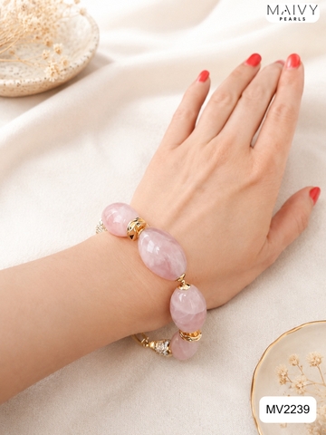 MV2239 - Lắc Tay Thạch Anh Hồng Khối Mix Charm Bạc 925 Mạ Vàng 18K