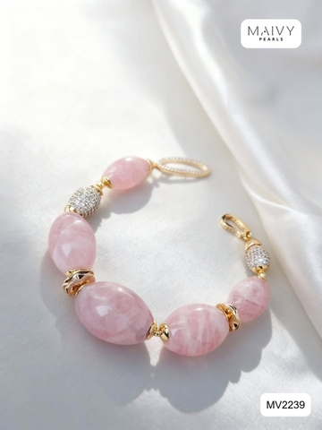 MV2239 - Lắc Tay Thạch Anh Hồng Khối Mix Charm Bạc 925 Mạ Vàng 18K