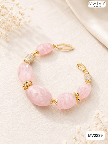 MV2239 - Lắc Tay Thạch Anh Hồng Khối Mix Charm Bạc 925 Mạ Vàng 18K