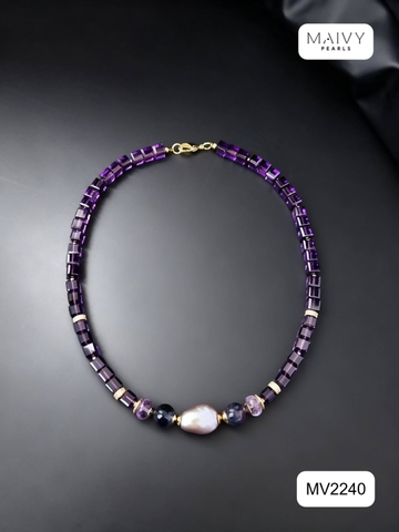MV2240 -Dây Chuyền Thạch Anh Tím Nhấn Viên Ngọc Trai Baroque Hồng Ánh Tím