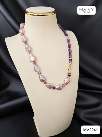 MV2241 - Dây Chuyền Ngọc Trai Baroque Hồng Ánh Tím Mix Đá Thạch Anh Tím Kèm Mặt