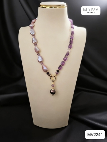 MV2241 - Dây Chuyền Ngọc Trai Baroque Hồng Ánh Tím Mix Đá Thạch Anh Tím Kèm Mặt