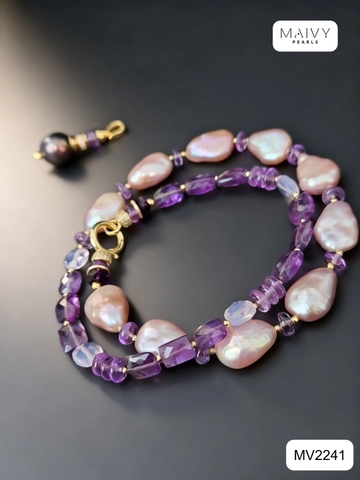 MV2241 - Dây Chuyền Ngọc Trai Baroque Hồng Ánh Tím Mix Đá Thạch Anh Tím Kèm Mặt