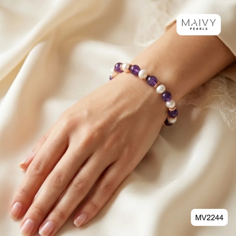 MV2244 - Lắc Tay Ngọc Trai Trắng Mix Thạch Anh Tím Và Charm Bạc 925 Mạ Vàng 18K
