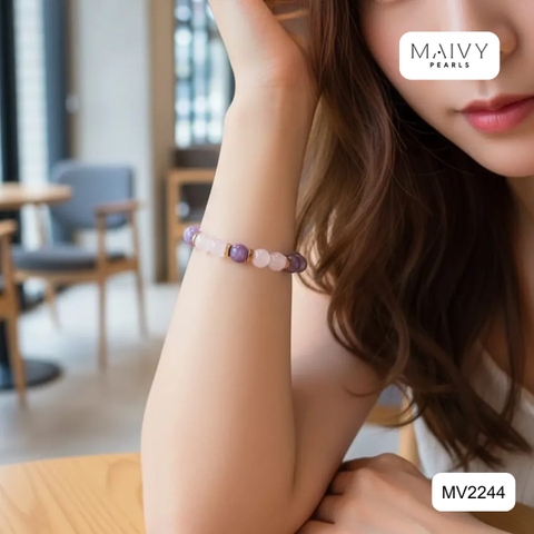 MV2244 - Lắc Tay Ngọc Trai Trắng Mix Thạch Anh Tím Và Charm Bạc 925 Mạ Vàng 18K
