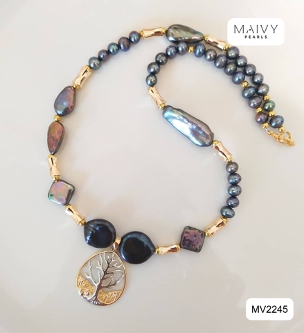 MV2245 - Dây Chuyền Ngọc Trai Lông Công Nhiều Dáng Mặt Lá Bồ Đề