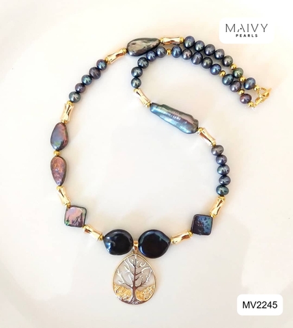 MV2245 - Dây Chuyền Ngọc Trai Lông Công Nhiều Dáng Mặt Lá Bồ Đề