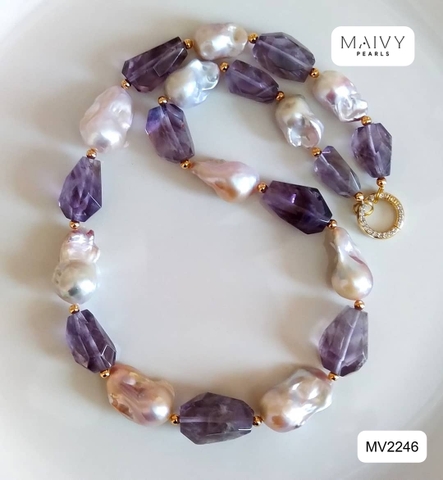 MV2246 - Dây Chuyền Ngọc Trai Baroque Mix Đá Thạch Anh Tím Khối To