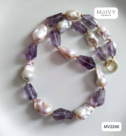 MV2246 - Dây Chuyền Ngọc Trai Baroque Mix Đá Thạch Anh Tím Khối To