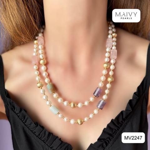 MV2247 - Dây Chuyền Ngọc Trai Trắng Mix Đá Thạch Anh Dạng Lu Các Màu Và Charm Bạc 925 Mạ Vàng 18K