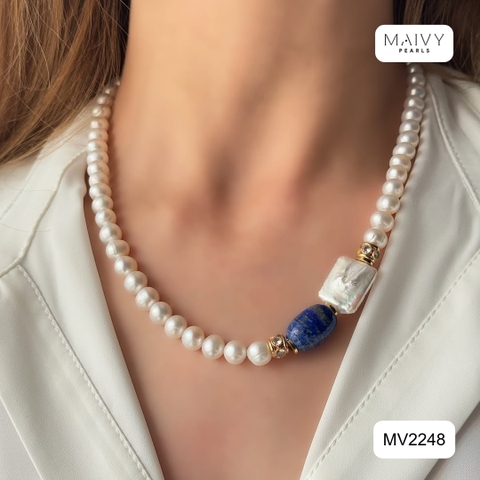 MV2248 - Set Ngọc Trai Trắng Mix Đá Thạch Anh Xanh Dương Đậm Gồm Dây Chuyền/Lắc Tay