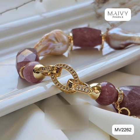 MV2262 - Lắc Tay Thạch Anh Tím Mix Ngọc Trai Baroque Và Charm Bạc 925 Mạ Vàng 18K
