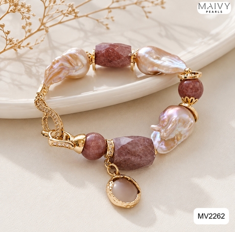 MV2262 - Lắc Tay Thạch Anh Tím Mix Ngọc Trai Baroque Và Charm Bạc 925 Mạ Vàng 18K