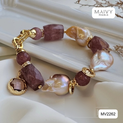 MV2262 - Lắc Tay Thạch Anh Tím Mix Ngọc Trai Baroque Và Charm Bạc 925 Mạ Vàng 18K