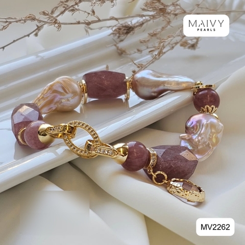 MV2262 - Lắc Tay Thạch Anh Tím Mix Ngọc Trai Baroque Và Charm Bạc 925 Mạ Vàng 18K