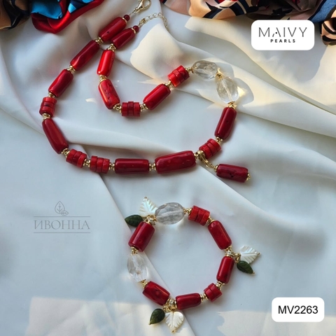 MV2263  - Set San Hô Đỏ Dáng Lu Mix Phale Trắng Gồm Dây Chuyền/Lắc Tay/Bông Tai