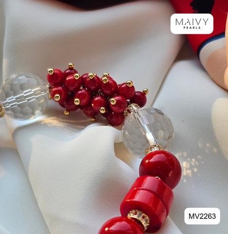 MV2263  - Set San Hô Đỏ Dáng Lu Mix Phale Trắng Gồm Dây Chuyền/Lắc Tay/Bông Tai