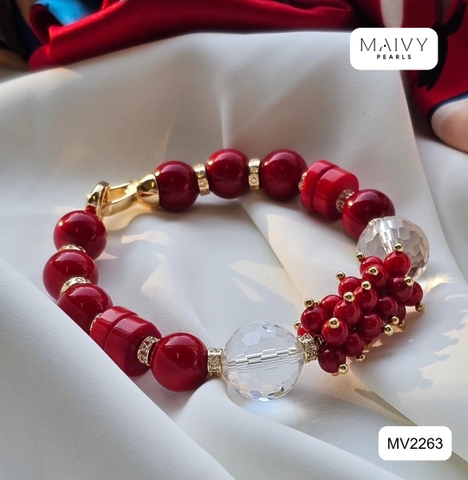 MV2263  - Set San Hô Đỏ Dáng Lu Mix Phale Trắng Gồm Dây Chuyền/Lắc Tay/Bông Tai