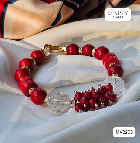 MV2263  - Set San Hô Đỏ Dáng Lu Mix Phale Trắng Gồm Dây Chuyền/Lắc Tay/Bông Tai