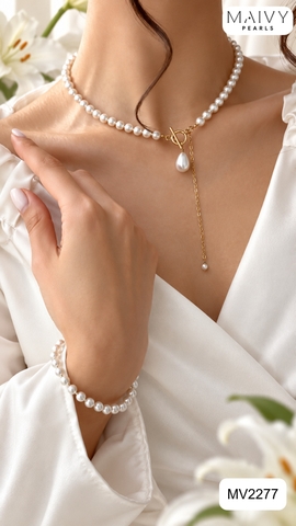 MV2277- Set dây chuyền và bông tai trai trắng Lumi Pearl