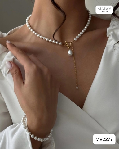 MV2277- Set dây chuyền và bông tai trai trắng Lumi Pearl