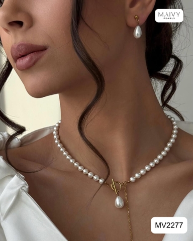 MV2277- Set dây chuyền và bông tai trai trắng Lumi Pearl