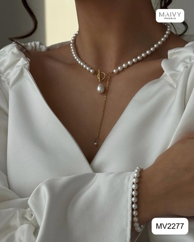 MV2277- Set dây chuyền và bông tai trai trắng Lumi Pearl