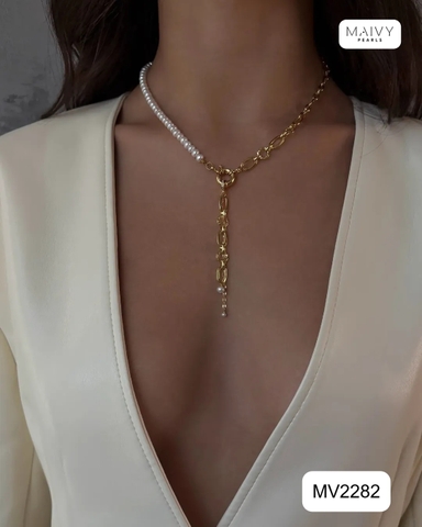 MV2282 - Dây chuyền ngọc trai trắng size 5-6mm mix nửa dây bạc 925 mạ vàng 18k kiểu hiện đại