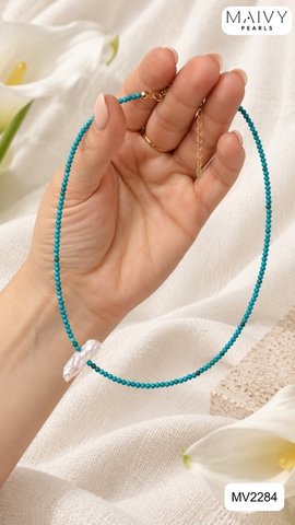 MV2284 - Dây Chuyền Đá Lam Nhí Nhấn 1 Viên Ngọc Trai Dài  Keshi Trắng